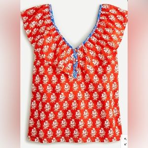 NWT J Crew Ruffle V Neck Top in Classic Block Print Size L